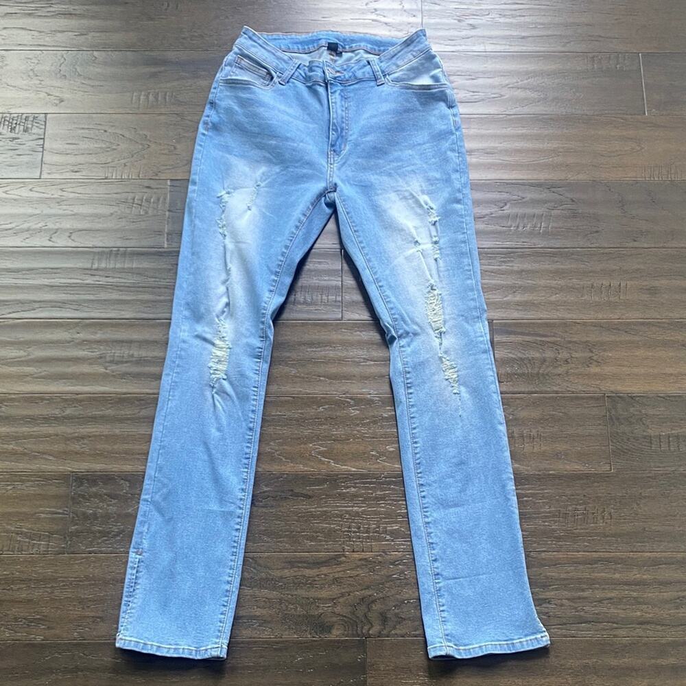 SHEIN Light Blue Straight Leg Jeans Womens Sz Large Blue Distressed Light Wash